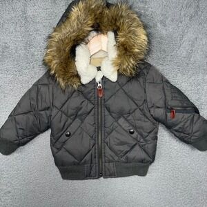 Baby Gap Quilted‎ Bomber Jacket Toddler 18-24M Gray Hooded Sherpa Lined Faux Fur